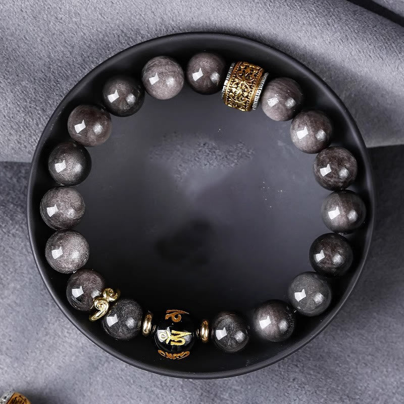 Natural Silver Sheen Obsidian Tiger's Eye Six True Words 'Om Mani Padme Hum' Strength Bracelet