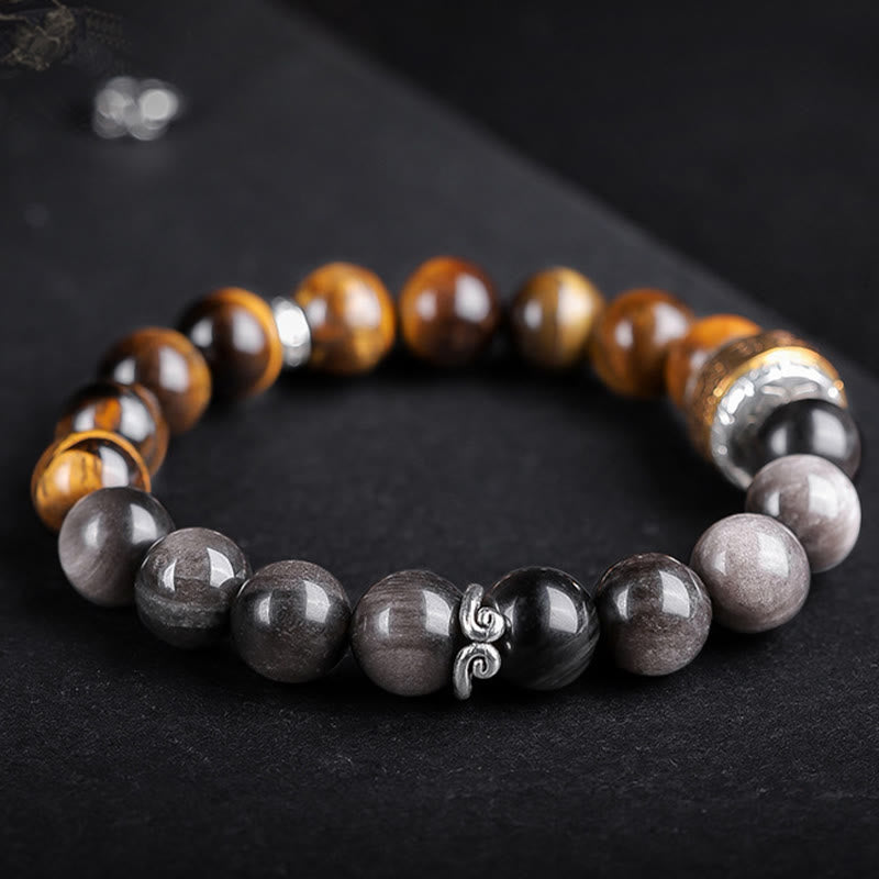 Natural Silver Sheen Obsidian Tiger's Eye Six True Words 'Om Mani Padme Hum' Strength Bracelet