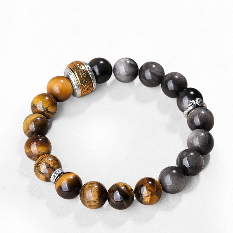 Natural Silver Sheen Obsidian Tiger's Eye Six True Words 'Om Mani Padme Hum' Strength Bracelet