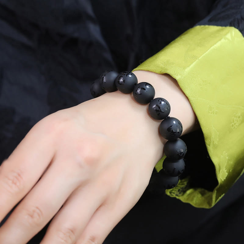 Natural Black Onyx Om Mani Padme Hum Carved Protection Bracelet