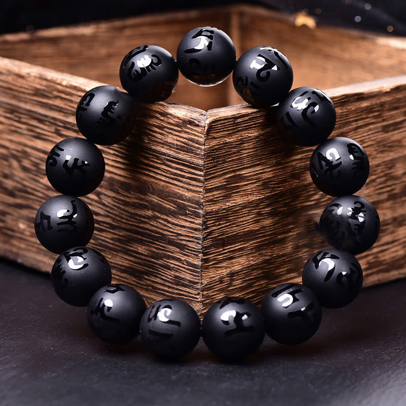 Natural Black Onyx Om Mani Padme Hum Carved Protection Bracelet
