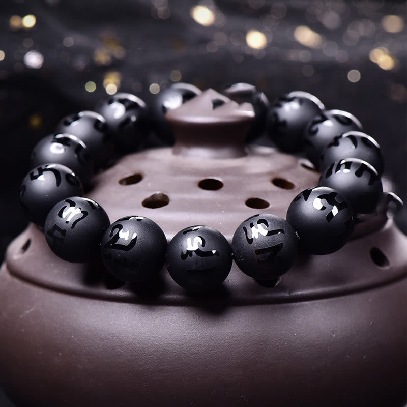 Natural Black Onyx Om Mani Padme Hum Carved Protection Bracelet