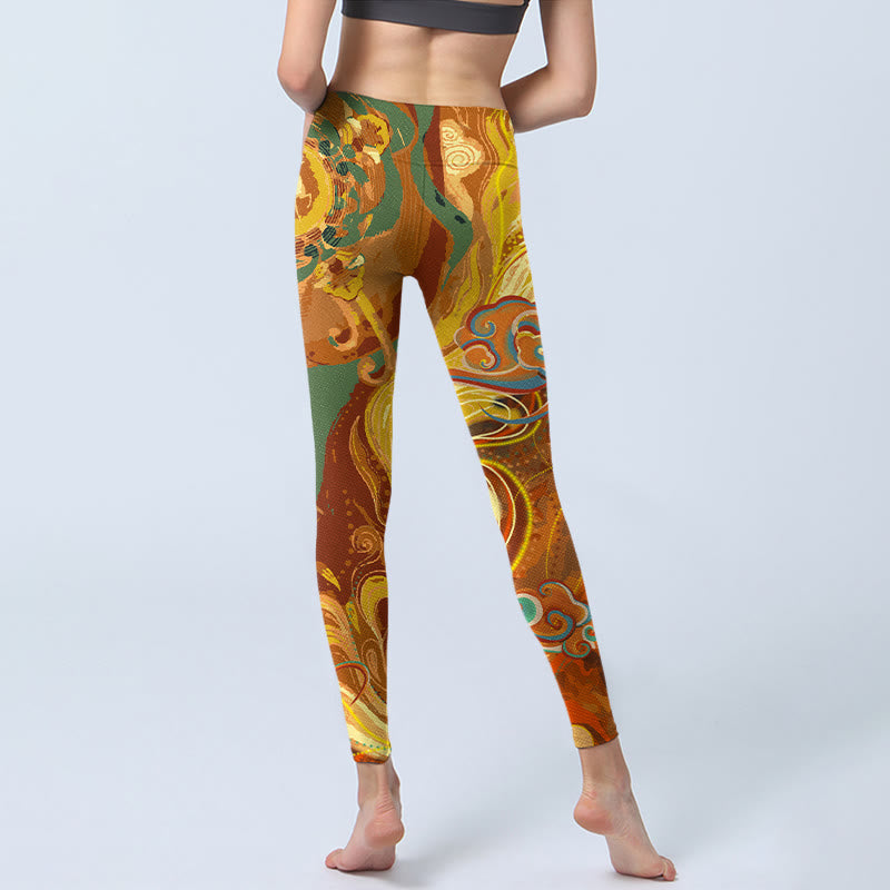 Golden Auspicious Cloud Waves Print Gym Leggings Women's Yoga Pants