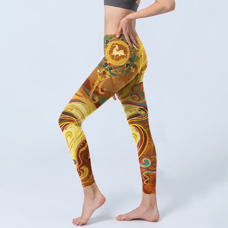 Golden Auspicious Cloud Waves Print Gym Leggings Women's Yoga Pants