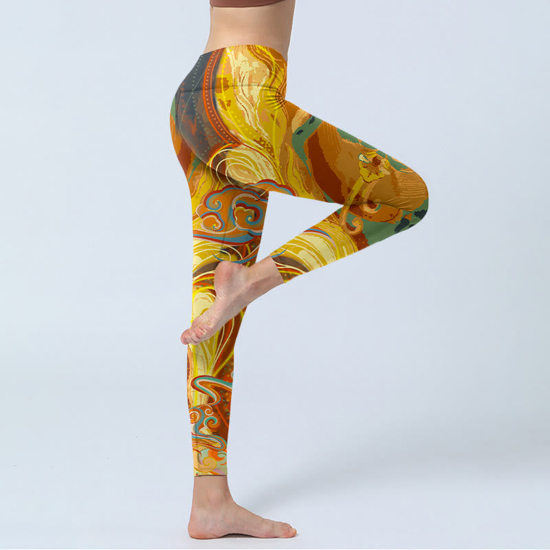 Golden Auspicious Cloud Waves Print Gym Leggings Women's Yoga Pants