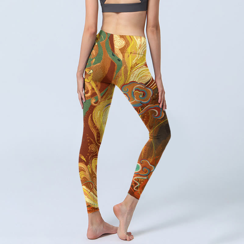 Golden Auspicious Cloud Waves Print Gym Leggings Women's Yoga Pants
