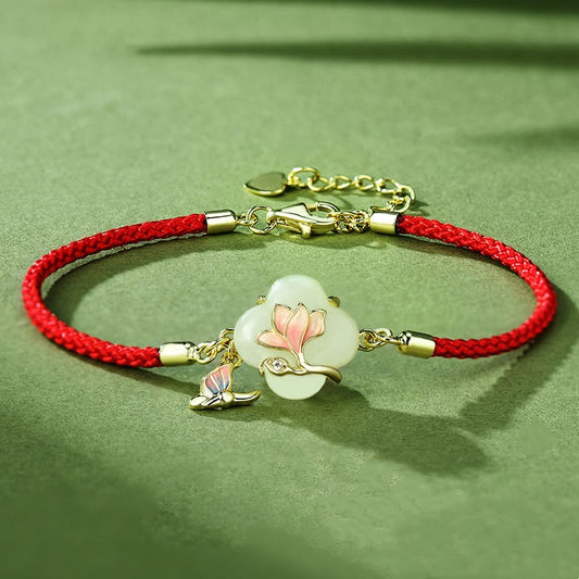 925 Sterling Silver Hetian Jade Magnolia Flower Butterfly Luck Chain Bracelet