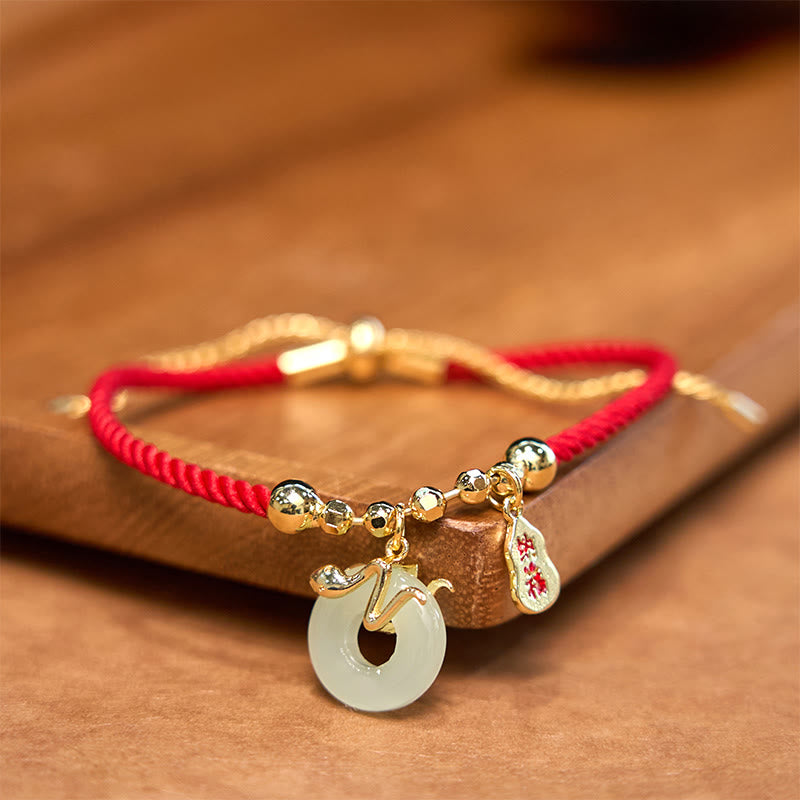 Copper Plated Gold Jade Peace Buckle Fu Character Year Of The Snake Red String Luck Bracelet