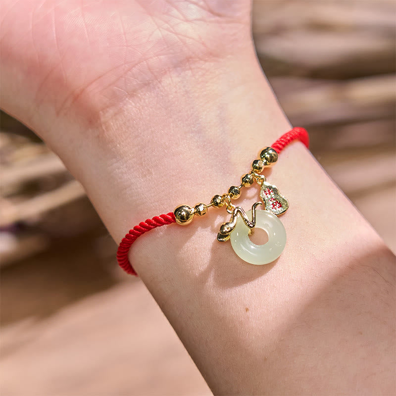 Copper Plated Gold Jade Peace Buckle Fu Character Year Of The Snake Red String Luck Bracelet