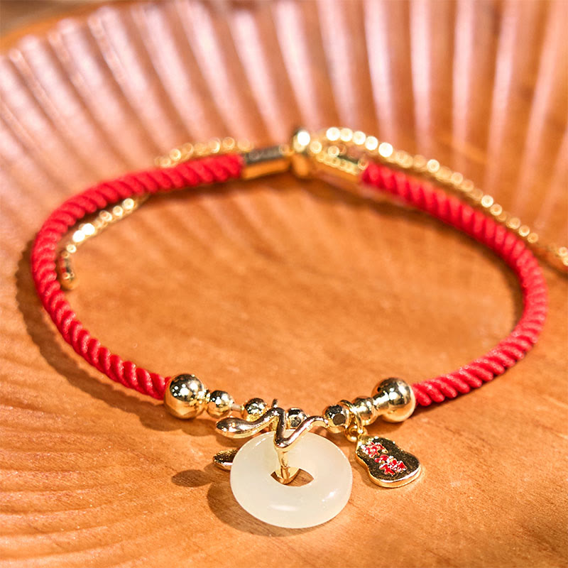 Copper Plated Gold Jade Peace Buckle Fu Character Year Of The Snake Red String Luck Bracelet