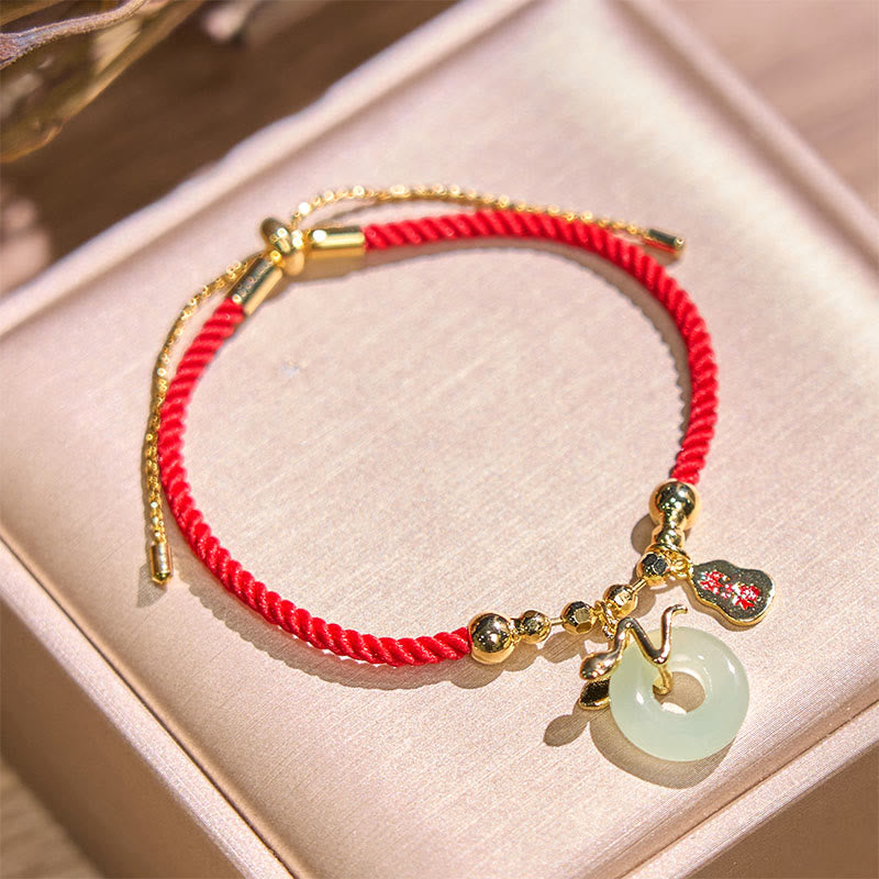Copper Plated Gold Jade Peace Buckle Fu Character Year Of The Snake Red String Luck Bracelet