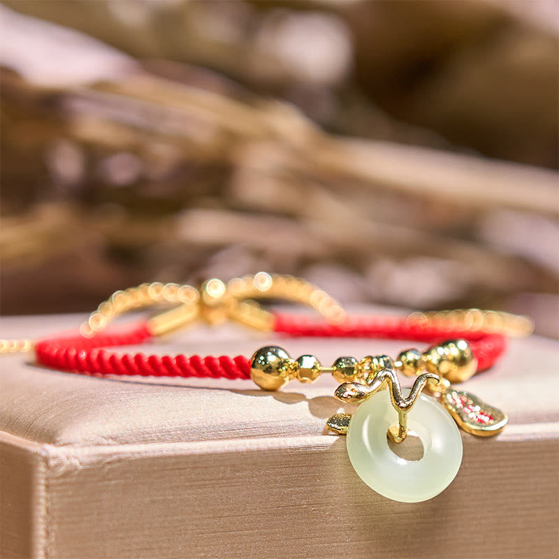 Copper Plated Gold Jade Peace Buckle Fu Character Year Of The Snake Red String Luck Bracelet