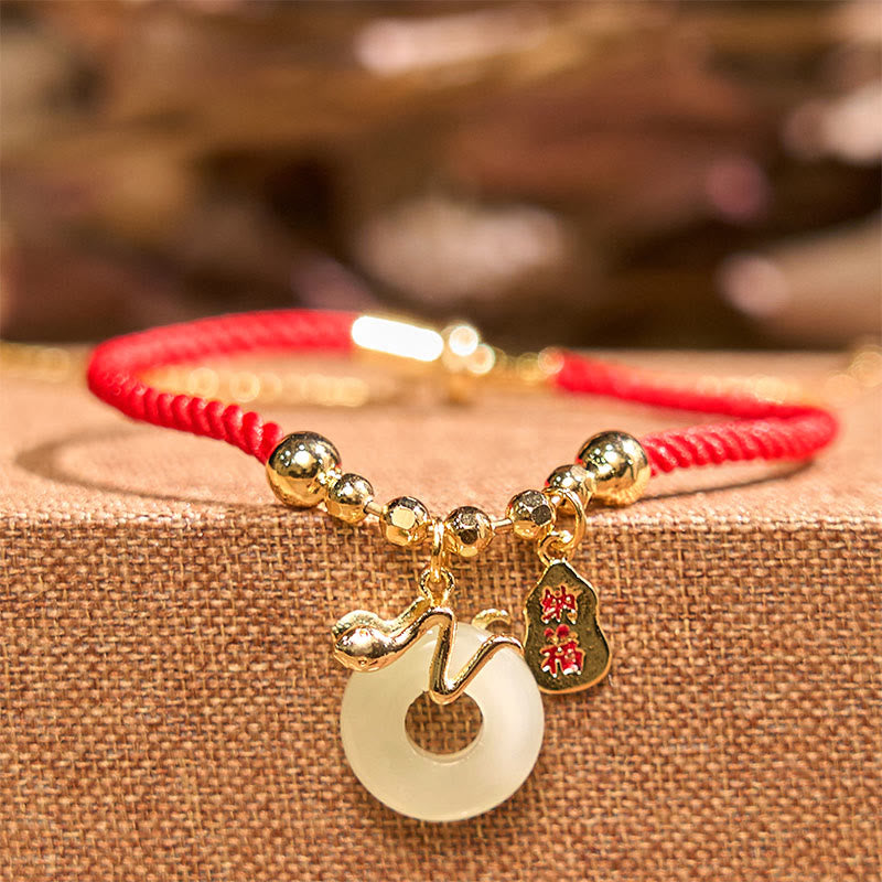 Copper Plated Gold Jade Peace Buckle Fu Character Year Of The Snake Red String Luck Bracelet