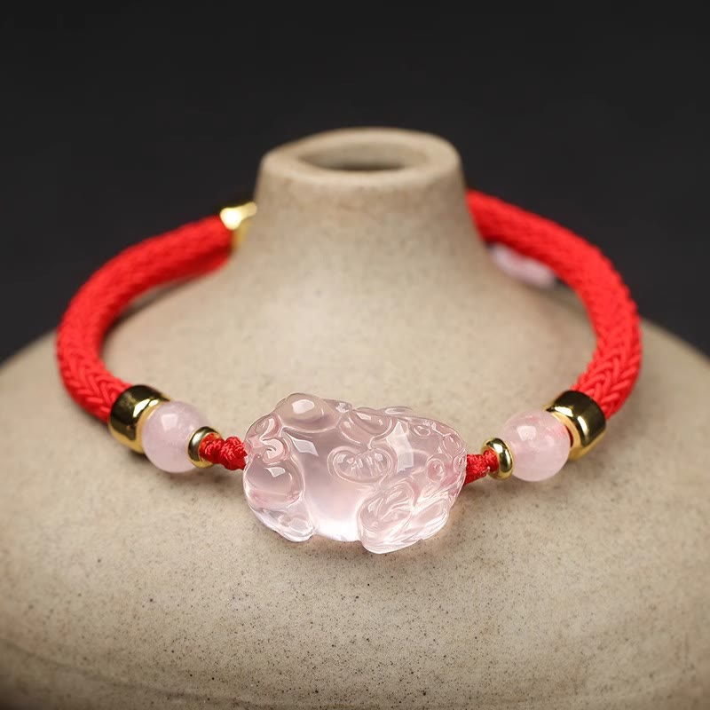 PiXiu Pink Crystal Wealth String Braided Bracelet