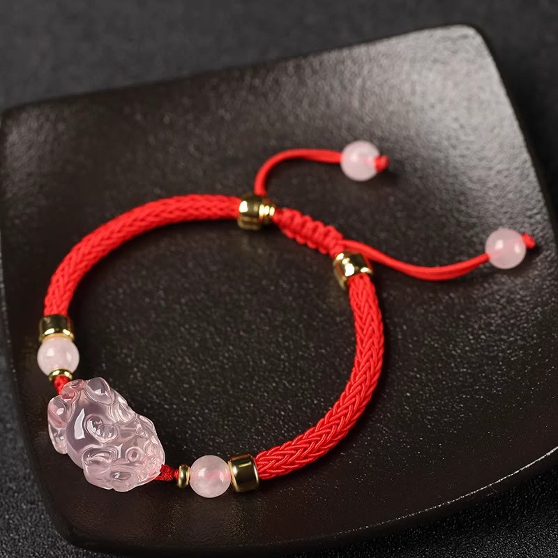 PiXiu Pink Crystal Wealth String Braided Bracelet