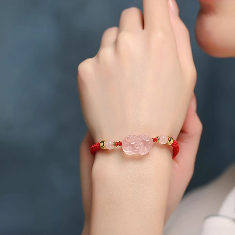 PiXiu Pink Crystal Wealth String Braided Bracelet