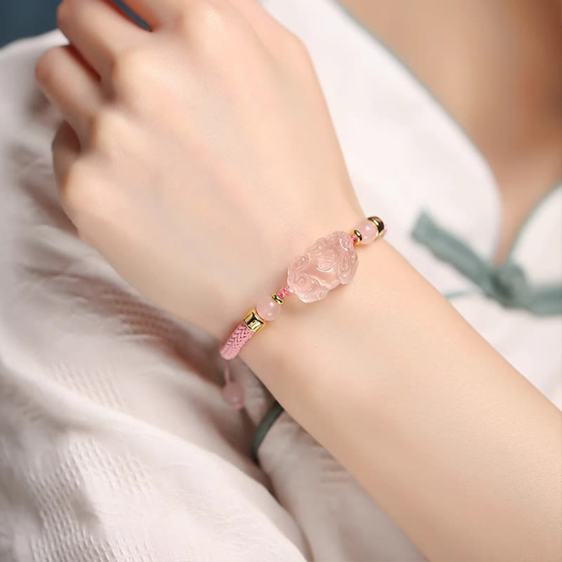 PiXiu Pink Crystal Wealth String Braided Bracelet