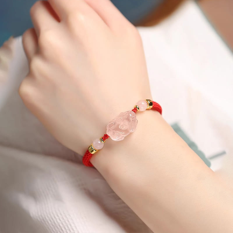 PiXiu Pink Crystal Wealth String Braided Bracelet