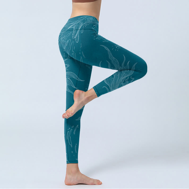 Blue Koi Fish Flowing Waves Print Gym Leggings Women's Yoga Pants