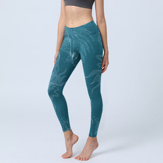 Blue Koi Fish Flowing Waves Print Gym Leggings Women's Yoga Pants