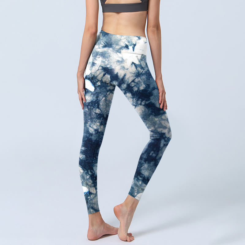 Blue Lily Flowers Watercolor Texture Print Gym Leggings Women's Yoga Pants