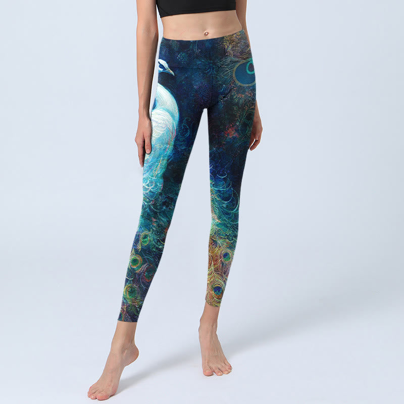 Blue Peacock Colorful Feathers Print Gym Leggings Women's Yoga Pants