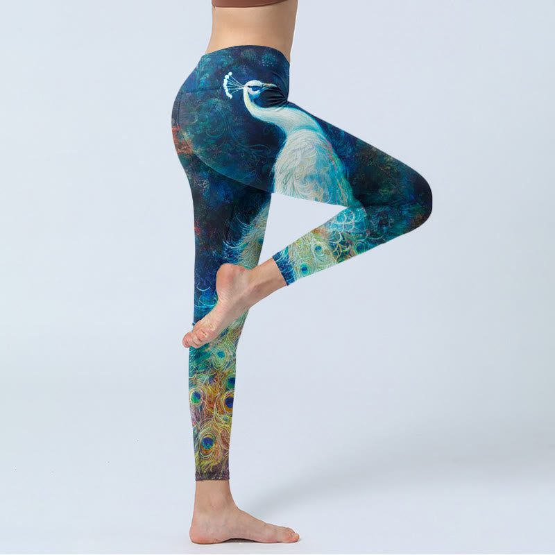 Blue Peacock Colorful Feathers Print Gym Leggings Women's Yoga Pants