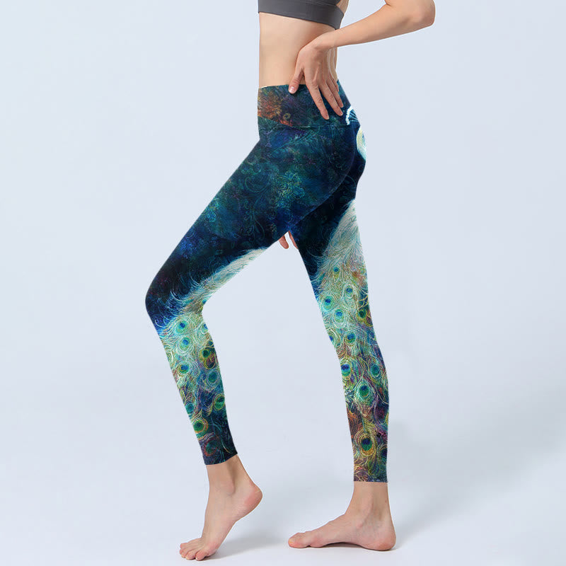 Blue Peacock Colorful Feathers Print Gym Leggings Women's Yoga Pants