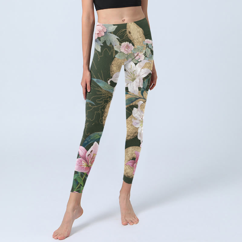 Green Golden Snake Lily Peony Flowers Print Gym Leggings Women's Yoga Pants