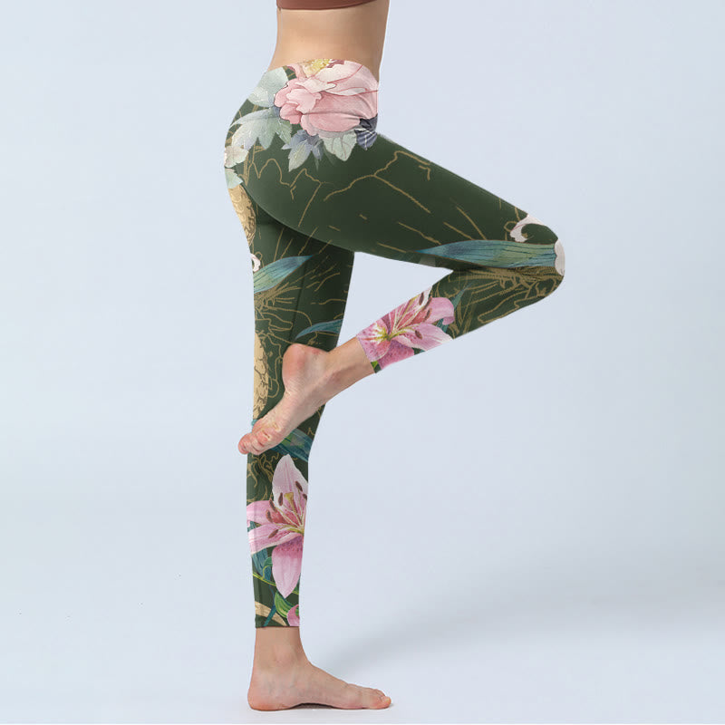 Green Golden Snake Lily Peony Flowers Print Gym Leggings Women's Yoga Pants