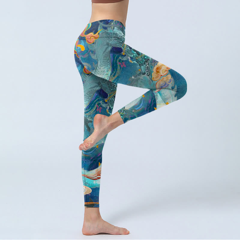 Blue Dragon Auspicious Clouds Print Gym Leggings Women's Yoga Pants