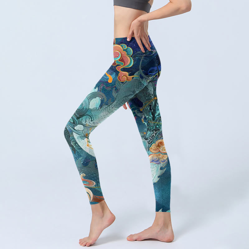 Blue Dragon Auspicious Clouds Print Gym Leggings Women's Yoga Pants