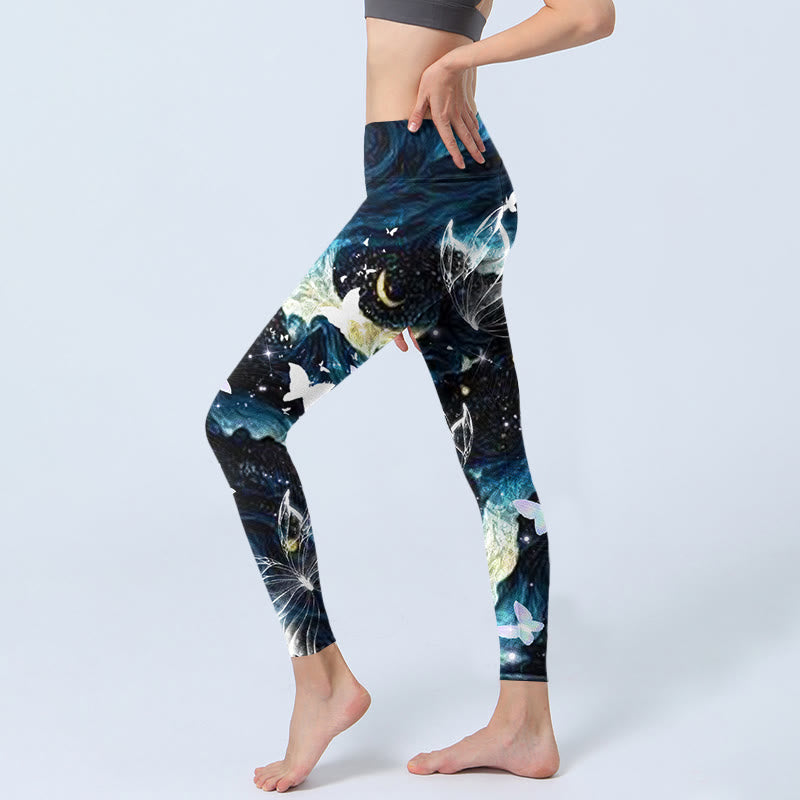 Blue Butterfly Water Waves Moon Print Gym Leggings Women's Yoga Pants