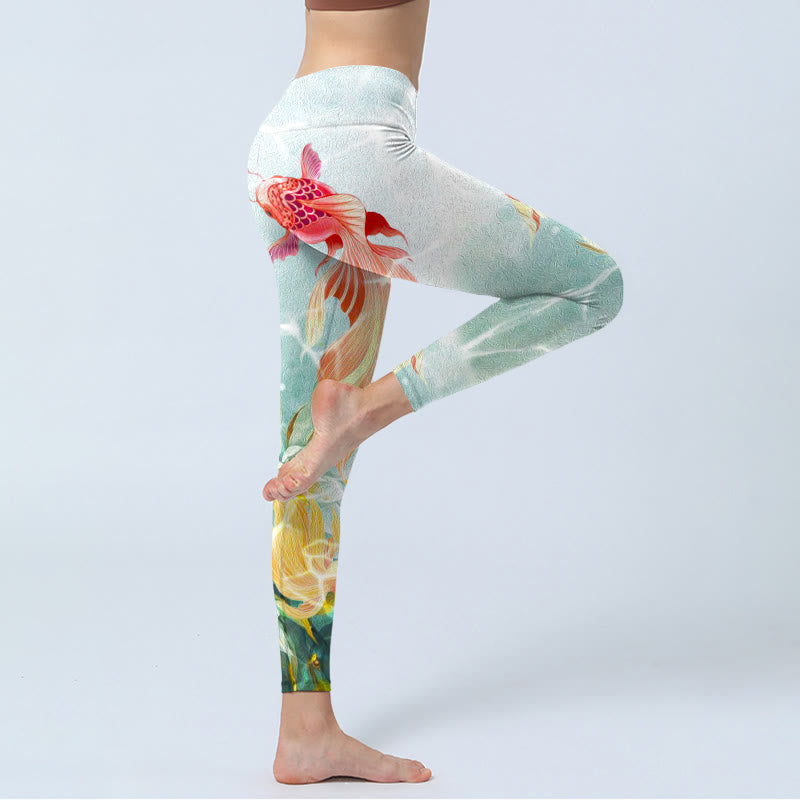 Green Koi Fish White Lotus Water Ripples Print Gym Leggings Women's Yoga Pants