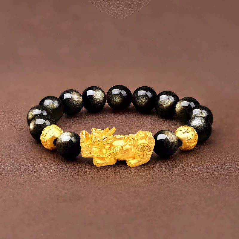 Natural Gold Sheen Obsidian PiXiu Om Mani Padme Hum Wealth Bracelet