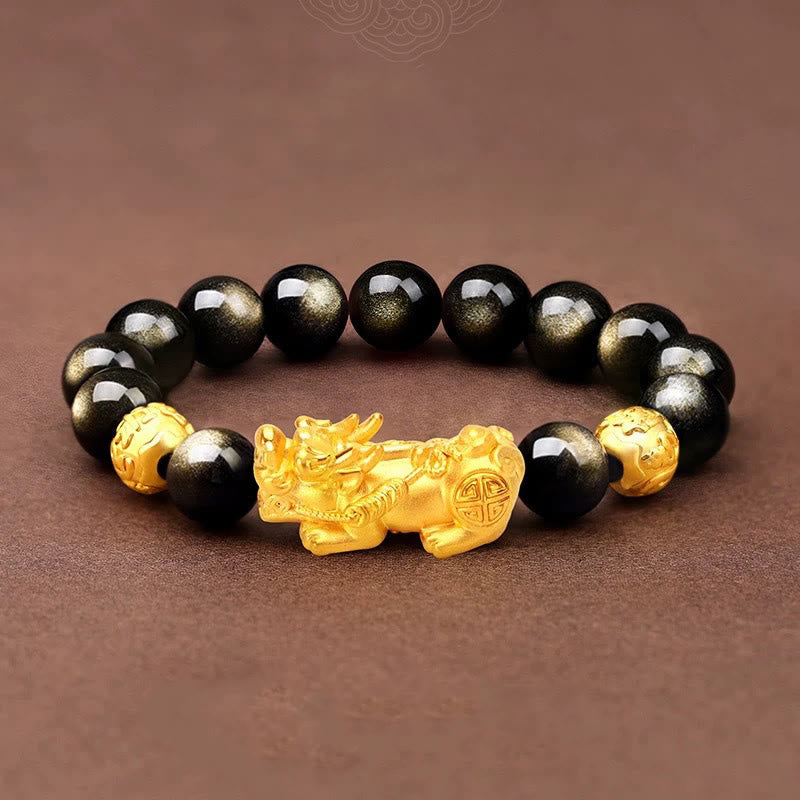 Natural Gold Sheen Obsidian PiXiu Om Mani Padme Hum Wealth Bracelet