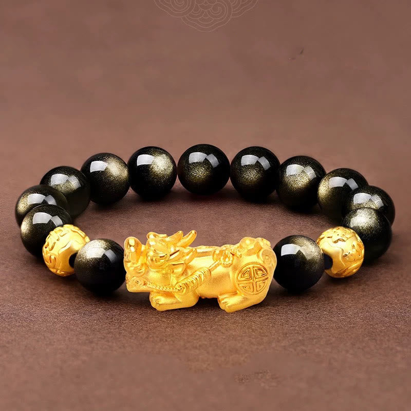 Natural Gold Sheen Obsidian PiXiu Om Mani Padme Hum Wealth Bracelet