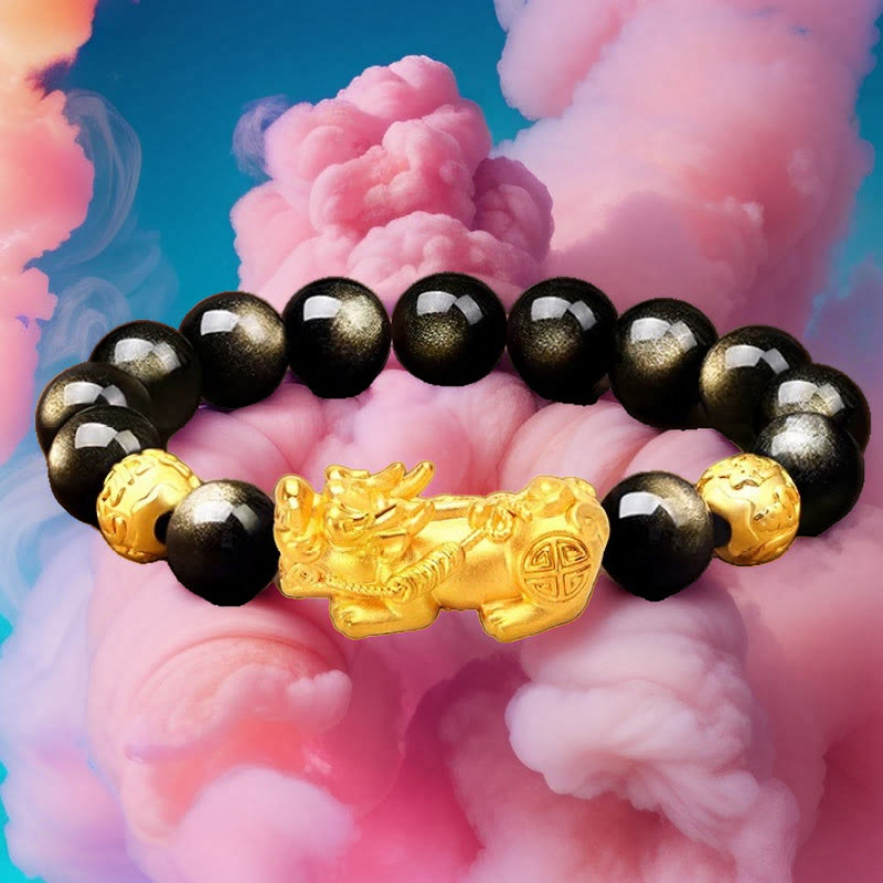 Natural Gold Sheen Obsidian PiXiu Om Mani Padme Hum Wealth Bracelet