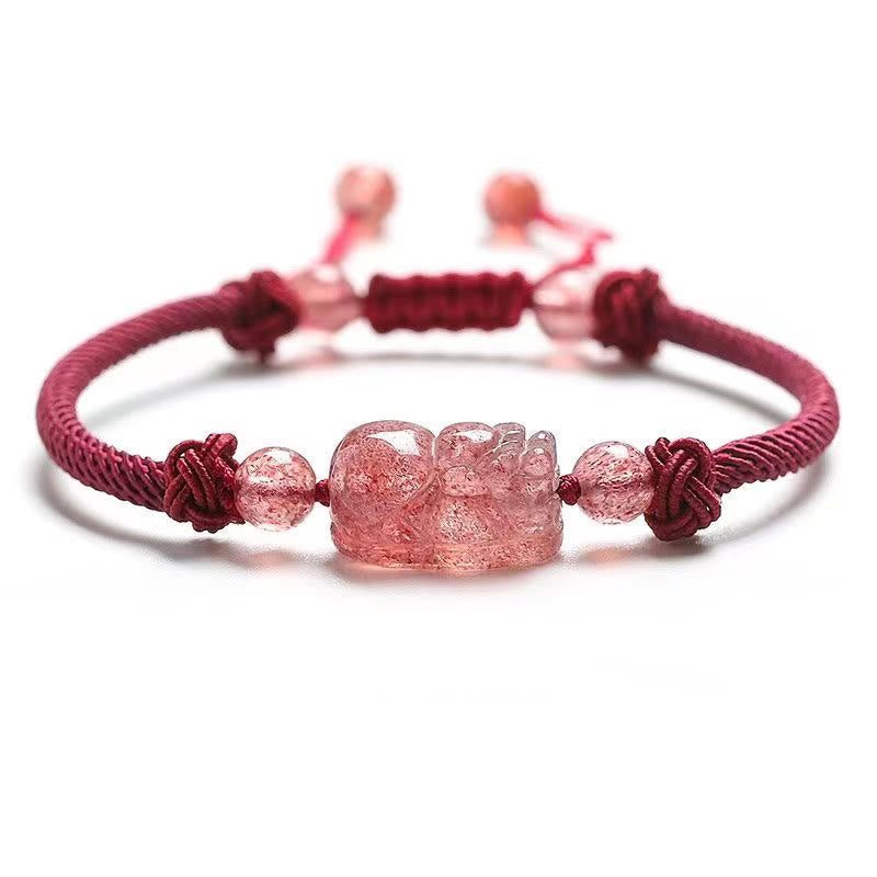 Natural Strawberry Quartz PiXiu Red String Braided Protection Bracelet