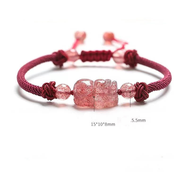 Natural Strawberry Quartz PiXiu Red String Braided Protection Bracelet