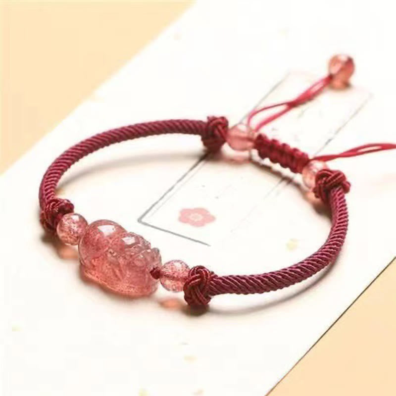 Natural Strawberry Quartz PiXiu Red String Braided Protection Bracelet