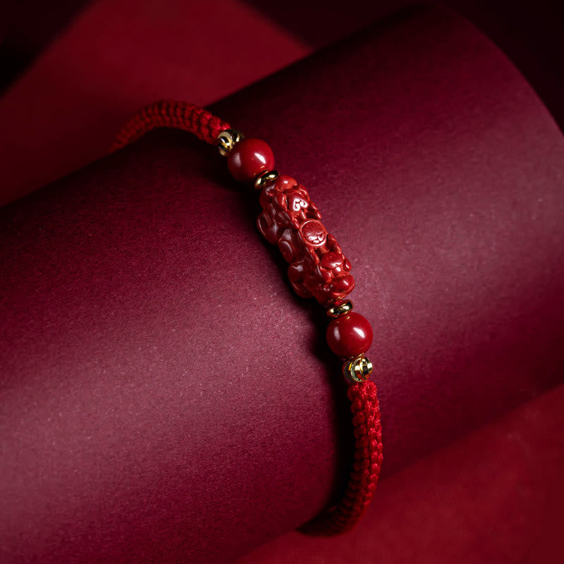 Handmade Cinnabar Ruyi Handle Fu Character PiXiu Blessing Red String Braided Bracelet