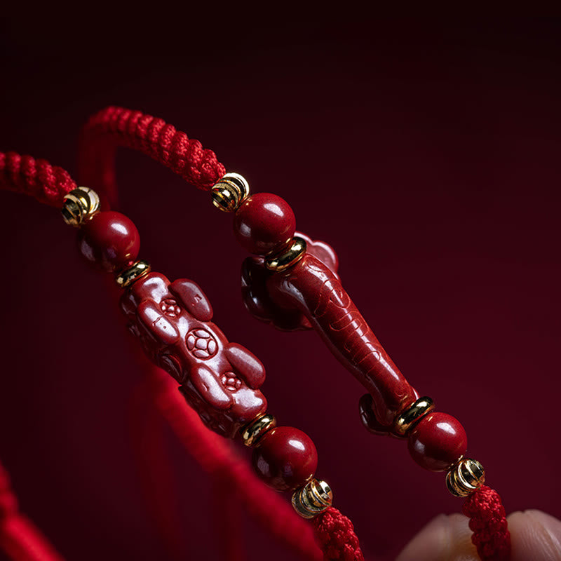 Handmade Cinnabar Ruyi Handle Fu Character PiXiu Blessing Red String Braided Bracelet