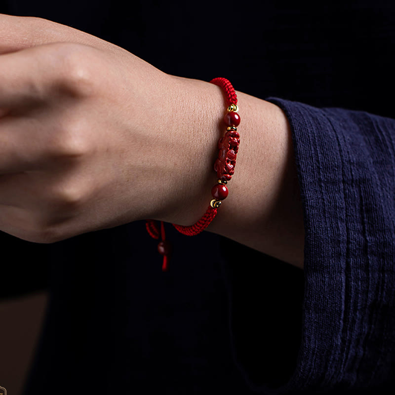 Handmade Cinnabar Ruyi Handle Fu Character PiXiu Blessing Red String Braided Bracelet