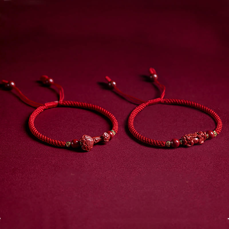 Handmade Cinnabar Ruyi Handle Fu Character PiXiu Blessing Red String Braided Bracelet
