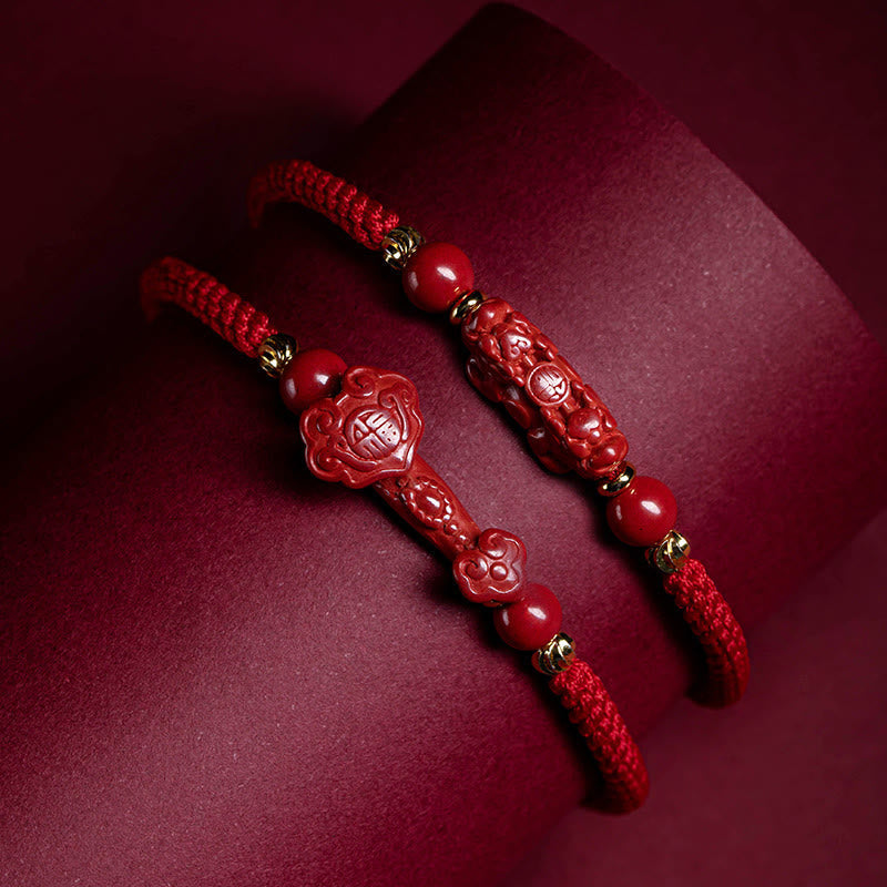 Handmade Cinnabar Ruyi Handle Fu Character PiXiu Blessing Red String Braided Bracelet