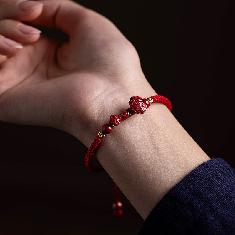 Handmade Cinnabar Ruyi Handle Fu Character PiXiu Blessing Red String Braided Bracelet