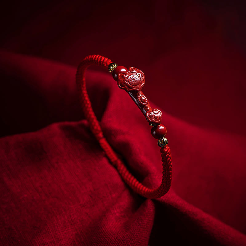 Handmade Cinnabar Ruyi Handle Fu Character PiXiu Blessing Red String Braided Bracelet