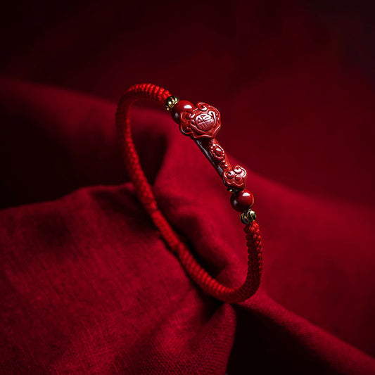 Handmade Cinnabar Ruyi Handle Fu Character PiXiu Blessing Red String Braided Bracelet