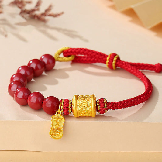 999 Sterling Silver Six True Words Om Mani Padme Hum Cinnabar Blessing String Bracelet